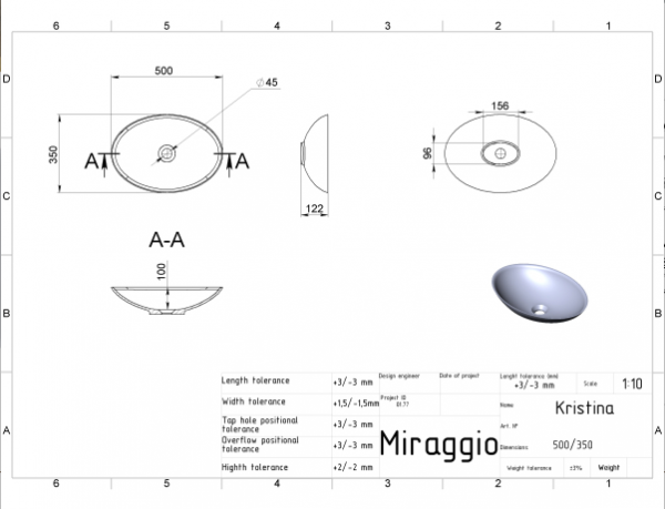 MIRAGGIO Umywalka nablatowa KRISTINA 35x50 0000761