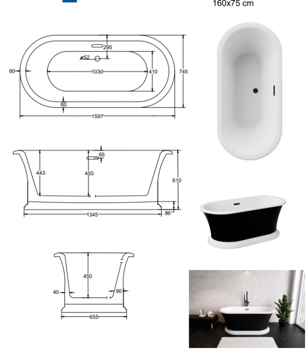 BESCO Wanna wolnostojąca Ziva Matt B&amp;W 160x75 + klik-klak z przelewem szczelinowym chrom #WMA-160ZBSC