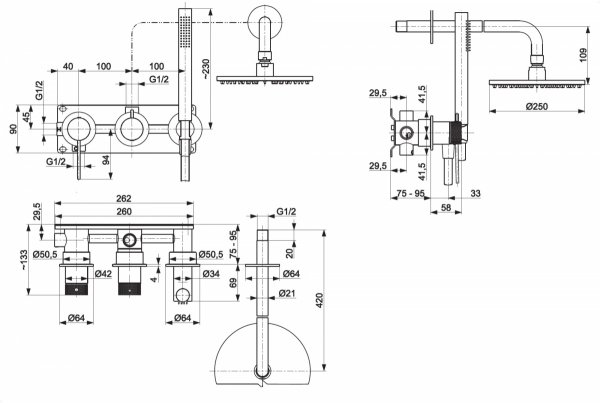 ARMATURA KRAKÓW KFA zestaw prysznicowy podtynkowy z baterią 3-otworową 2-funkcyjną MOZA 316L inox 5049-510-22