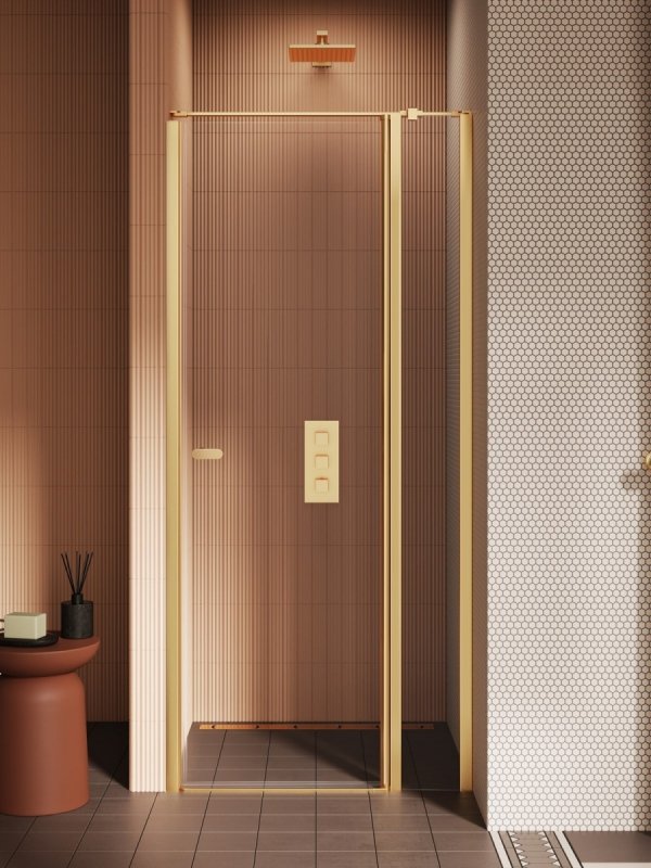 NEW TRENDY Drzwi wnękowe NEW SOLEO GOLD BRUSHED 1D U 100x195 szkło czyste 6mm Active Shield 2.0 - z elementem stałym  - wsp. Równoległy D-0772A-WK