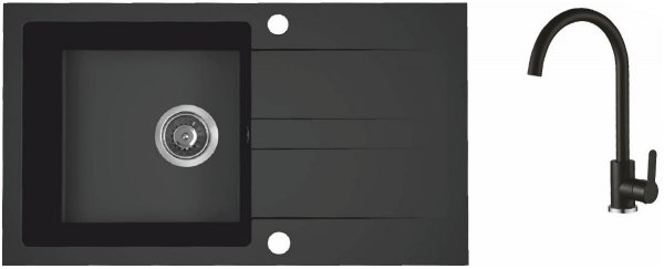 AQUAFORM - zlewozmywak granitowy MARANELLO 440 X 760 X 194 - 1 komora z ociekaczem, CZARNY MONO + syfon oszczędzający miejsce z korkiem automatycznym + bateria stojąca z wylewką U  AQ.901-1019501