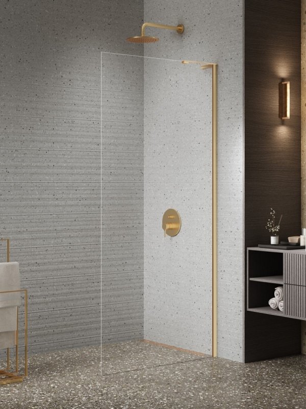 NEW TRENDY Kabina prysznicowa NESTA GOLD BRUSHED WALK-IN U 70x200 szkło czyste 8mm Active Shield 2.0 - WSPORNIK KĄTOWY K-1738-WL