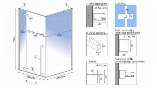 REA Kabina prysznicowa kwadratowa 90x90 narożna FARGO GOLD/ZŁOTA 