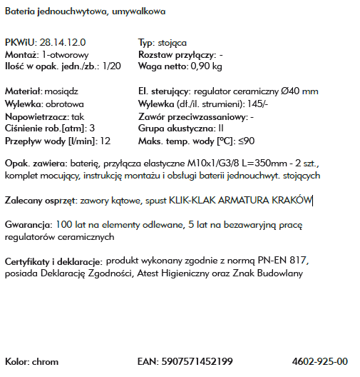 ARMATURA KRAKÓW bateria bidetowa ATRIA 4607-025-00
