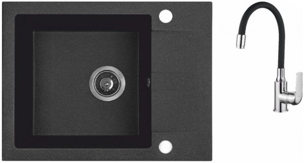 AQUAFORM - zlewozmywak granitowy MARANELLO 440 X 570 X 215 - 1 komora z 1/2 ociekacza, CZARNY + syfon oszczędzający miejsce z korkiem automatycznym + bateria stojąca z wylewką elastyczną  AQ.901-1011506 