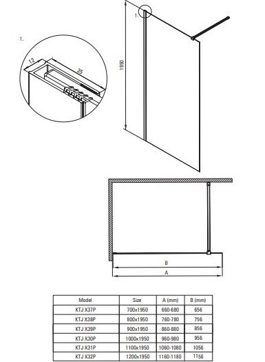 DEANTE - Ścianka prysznicowa PRIZMA walk-in 110 szkło transparentne, profil - nero  KTJ_N31P