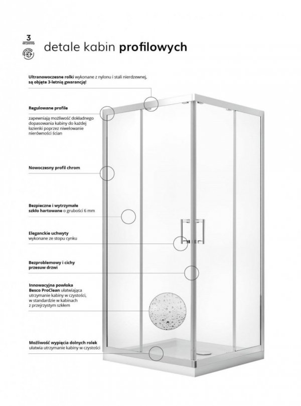 BESCO Kabina prysznicowa kwadratowa drzwi przesuwne Modern 90x90x185 szkło mrożone 90 MK-90-185-M