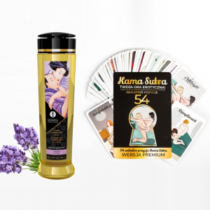 Karty z pozycjami KamaSutra i olejek do masażu Sensation Lavender 240ml Shunga