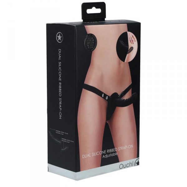 Ouch! - Dual Silicone Ribbed Strap-On - Adjustable - Black