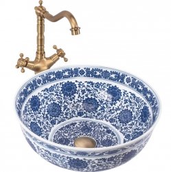 Umywalka ceramiczna, nablatowa ze wzorem REA BELLA orientalna, niebieska