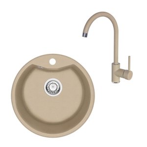 Komplet zlewozmywak granitowy 1-komorowy 48x48 + bateria zlewozmywakowa stojąca piaskowy ZRSB7803