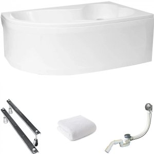 Wanna narożna asymetryczna 160x105 Mega prawa + biała obudowa + syfon