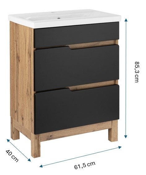 Zestaw szafka z umywalką Astor Alma 60 cm czarny wotan szuflady