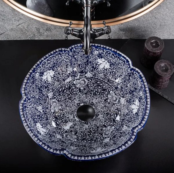 Umywalka ceramiczna, nablatowa ze wzorem REA SEVILLA granatowa, orientalna