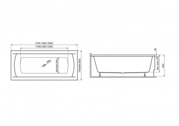 Wanna 190x90 Ines  Czarna Obudowa + Syfon + Bateria + Deszczownica