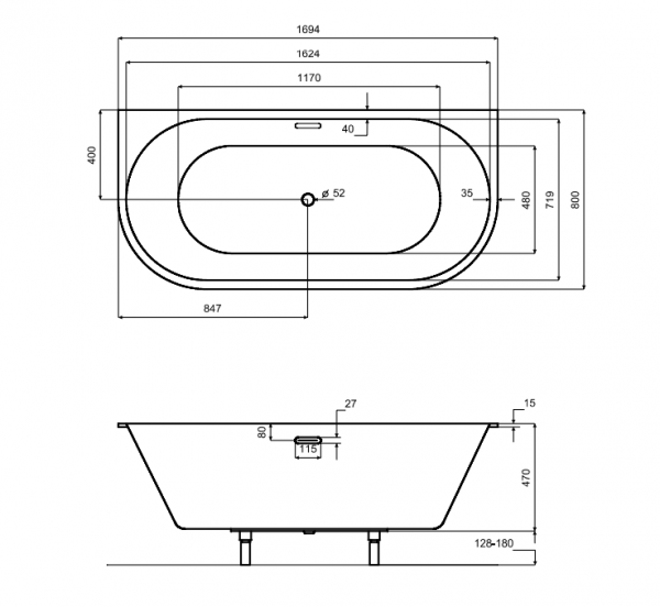 Besco Wanna przyścienna Vica Slim + 170x80 + syfon klik-klak biały z płaskim przelewem