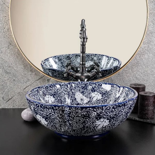Umywalka ceramiczna, nablatowa ze wzorem REA SEVILLA granatowa, orientalna