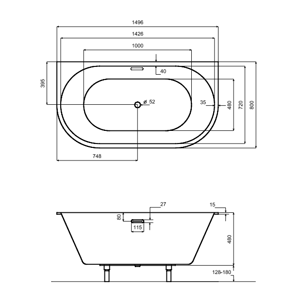 Besco Wanna przyścienna Vica Slim + 150x80 + syfon klik-klak grafitowy z płaskim przelewem