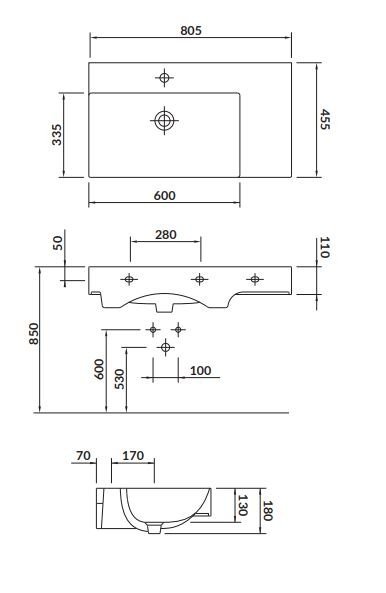 Umywalka ceramiczna meblowa Inverto 80 cm prawa