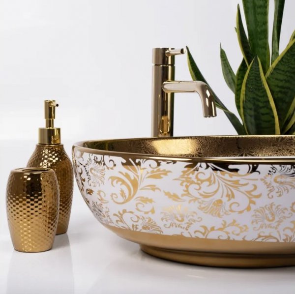 Umywalka ceramiczna nablatowa REA MARGOT WHITE GOLD biała złota ozdobna