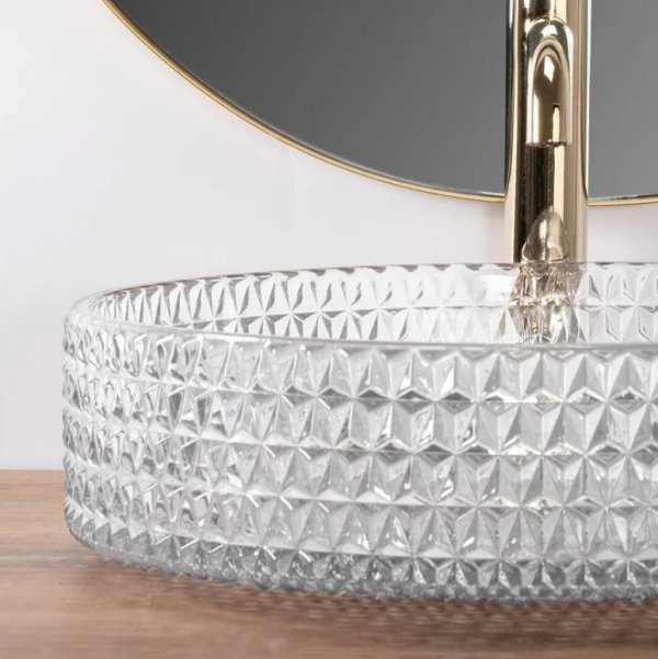 Umywalka szklana nablatowa okrągła REA CRISTAL TRANSPARENT 39 kryształowa przezroczysta