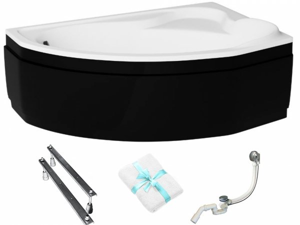 BESCO Wanna narożna Delfina z czarną obudową 166x107 prawa + syfon