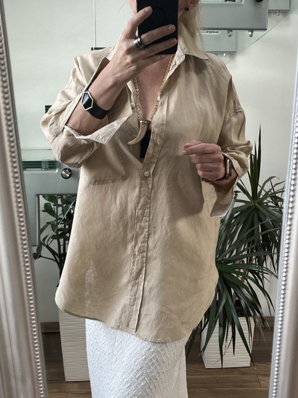 Beżowa Koszula Zara Len Casual Oversize