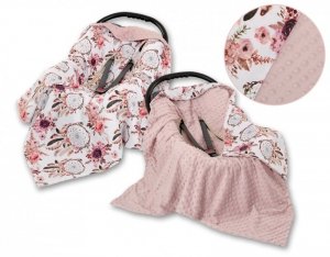 Duży otulacz dla niemowląt do fotelika nosidełka wózka dwustronny - łapacze snów kwiatowe/brudny róż