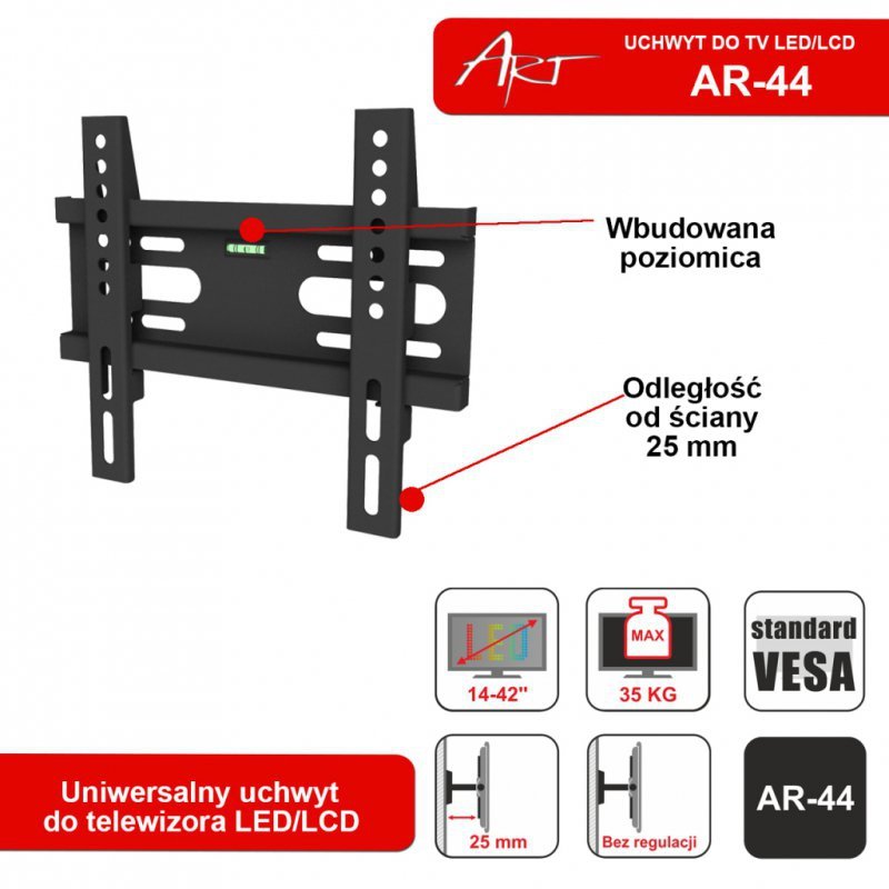 UCHWYT DO TV LCD/LED 14-42&quot; 35KG AR-44 ART bez regulacji 2,5cm