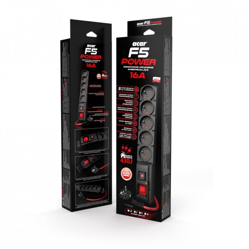 FILTR PRZECIWPRZEPIĘCIOWY ACAR F5 czarny 3m POWER 16A czerwony przewód W2290