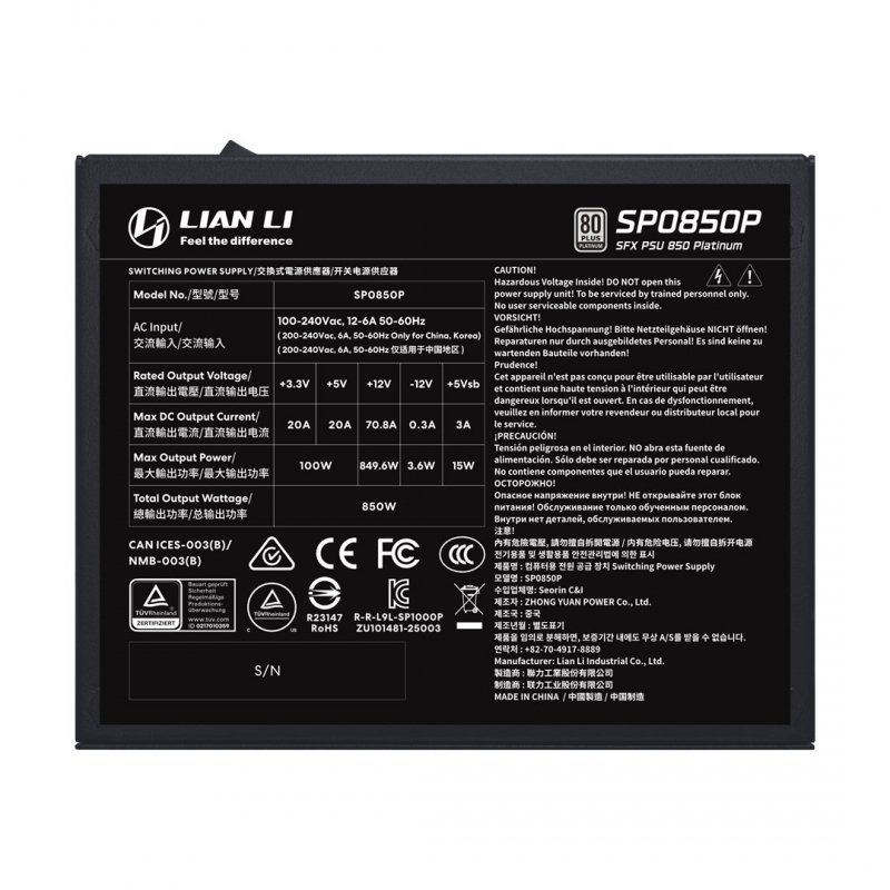 Lian Li SP0850P moduł zasilaczy 850 W 24-pin ATX SFX Czarny