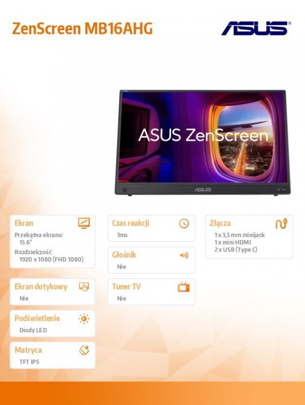Asus Monitor 16 cali MB16AHG IPS mHDMI/2*USB-C/144Hz