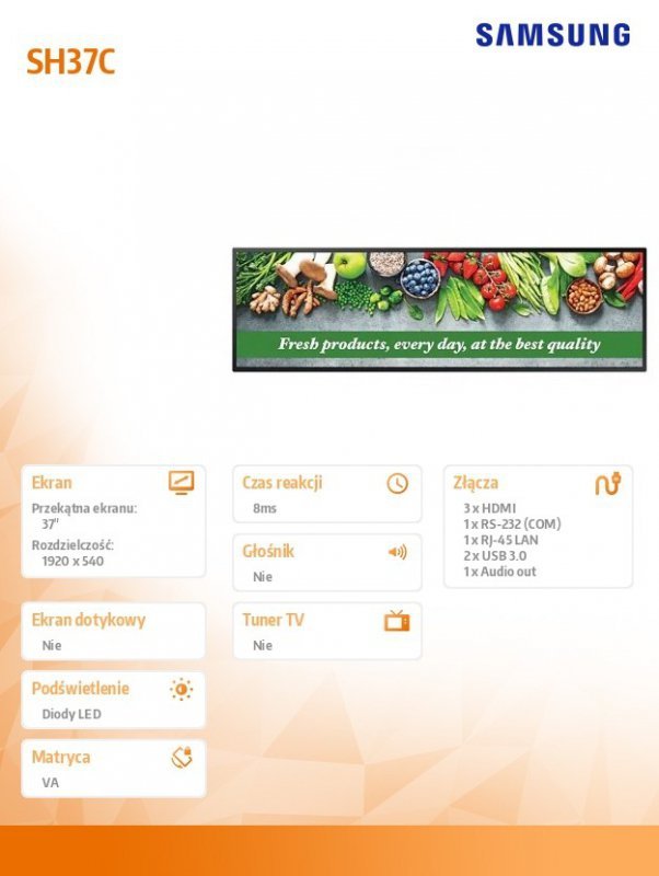 Samsung Monitor profesjonalny SH37C 37 cali 16:4,5 Matowy 24h/7 700(cd/m2) 1920x540 S10 Player (Tizen 7, VXT Ready) Wi-Fi/BT 3 l