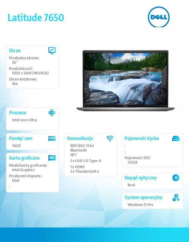 Dell Notebook Latitude 7650 Win11Pro Ultra 7 155U/16GB/512GB SSD Gen4/16 FHD+/Int/FgrPr&SmtCd/FHD/IR Cam/Mic/WLAN+BT/Backlit Kb/