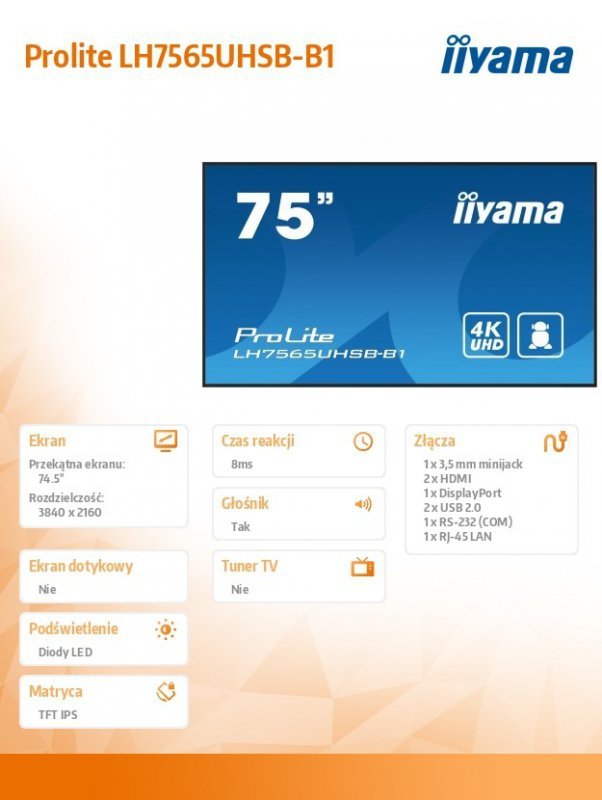 IIYAMA Monitor 75 cali LH7565UHSB-B1, 24/7, IPS, ANDROID 11, 4K, 800cd, iiSignage2, SDM, 2x HDMI, DP, 2x USB,2x 10W, RJ45, WiFi,