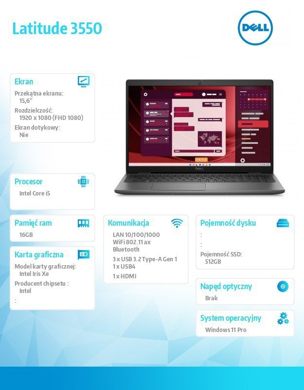 Dell Laptop Latitude 3550 Win11Pro i5-1335U/16GB/512GB SSD Gen4/15.6 FHD/Integrated/FgrPr/FHD/IR Cam/Mic/WLAN + BT/Backlit Kb/3 
