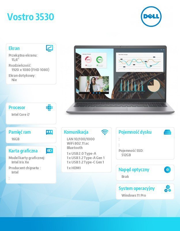 Dell Notebook Vostro 15 (3530) Win11Pro i7-1355U/16GB/512GB SSD/15.6 FHD/Intel Iris Xe/FgrPr/Cam & Mic/WLAN + BT/Backlit Kb/4 Ce