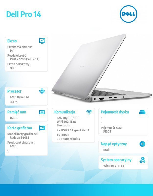 Dell Laptop Dell Pro 14 PC14255/AMD Ryzen AI 5 PRO 340/16GB/512GB SSD/14.0 FHD+/Radeon 840M/FgrPr/FHD/IR Cam/Mic/WLAN+BT/Backlit