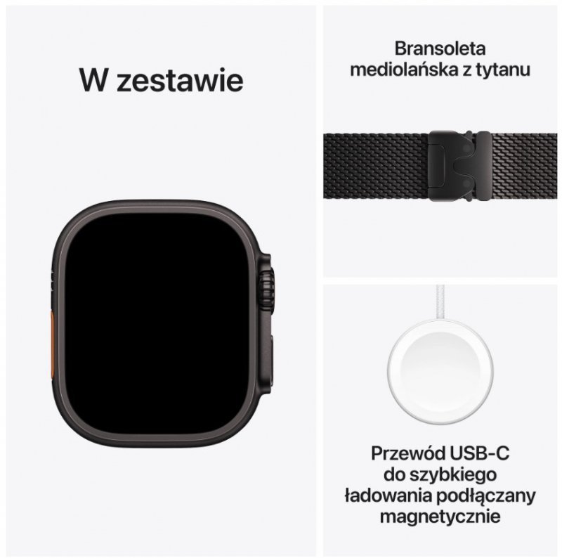 Apple Watch Ultra 3 GPS + Cellular, koperta 49 mm z tytanu w kolorze czarnym, bransoleta mediolańska z tytanu w kolorze czarnym 
