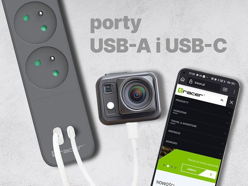 Listwa zasilająca antyprzepięciowa TRACER Power Line+ mobile ready 1.5 m (4 gniazda + 1x USB A+ 1x Type C, PD18W)