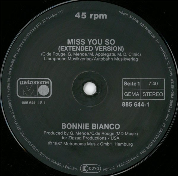 Bonnie Bianco - Miss You So (12'')