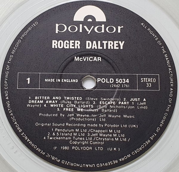Roger Daltrey - McVicar (The Who Films Presentation Starring Roger Daltrey) (LP)