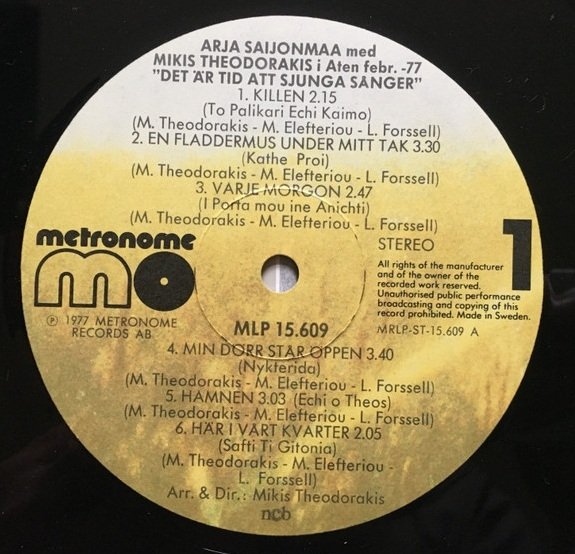 Arja Saijonmaa Med Mikis Theodorakis - Det Är Tid Att Sjunga Sånger... (LP)