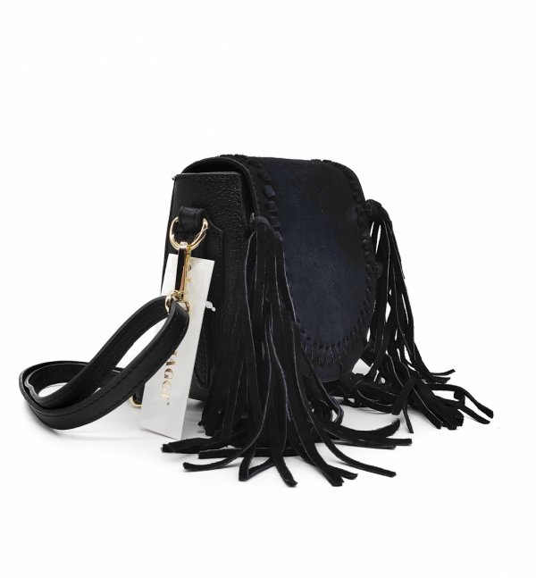 Zamszowa torebka listonoszka skóra brązowa czarna frędzle