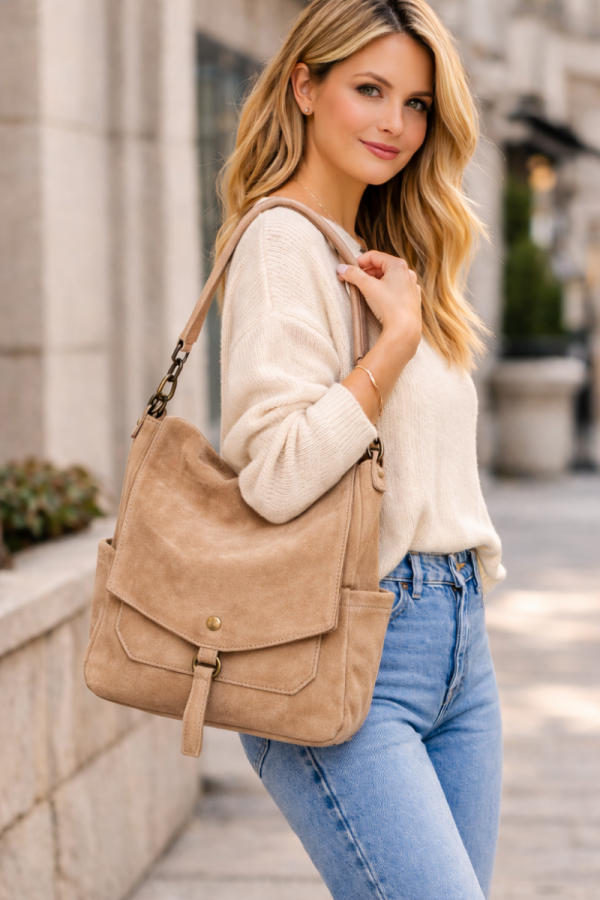 Zamszowa torebka worek listonoszka beżowa biszkoptowa