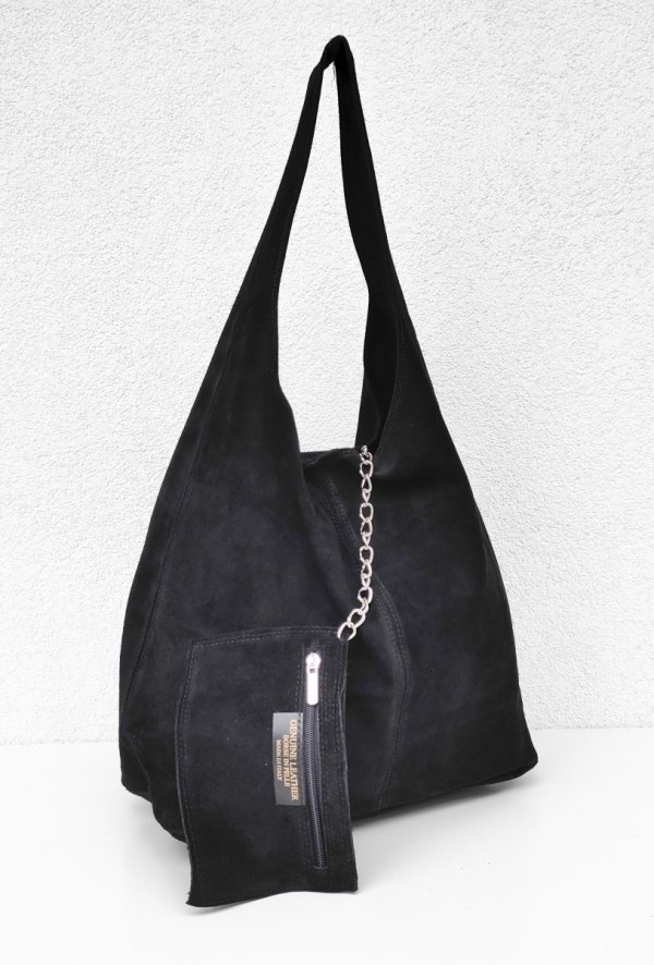 Zamszowy modny worek skóra naturalna vera pelle czarny