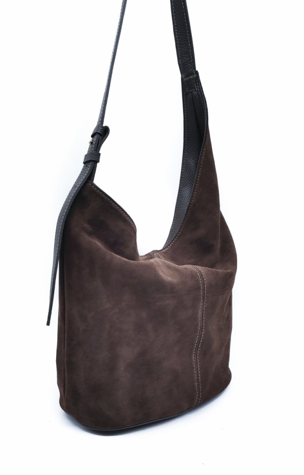 Torebka worek zamszowa Vera Pelle skóra brązowy czekolada Laura Biaggi