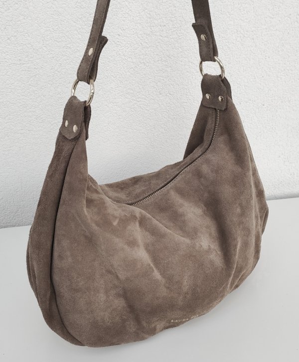 Torebka worek zamszowa Vera Pelle skóra brązowa mocha Laura Biaggi