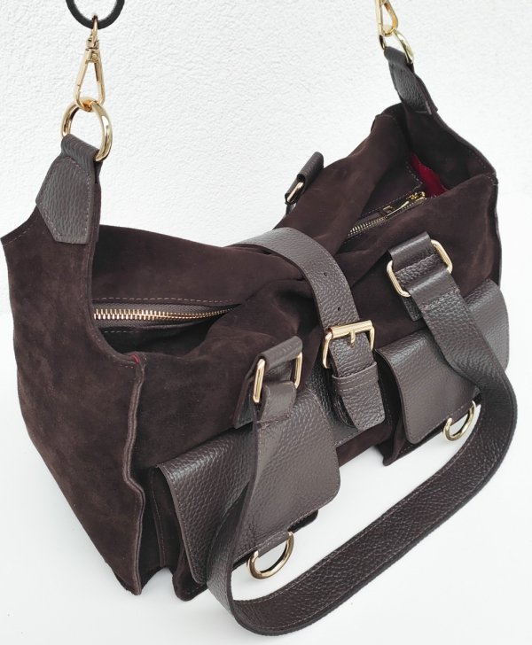 Torebka shopper zamszowa Vera Pelle skóra czekoladowa