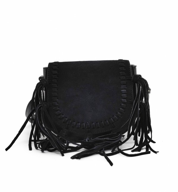 Zamszowa torebka listonoszka skóra brązowa czarna frędzle